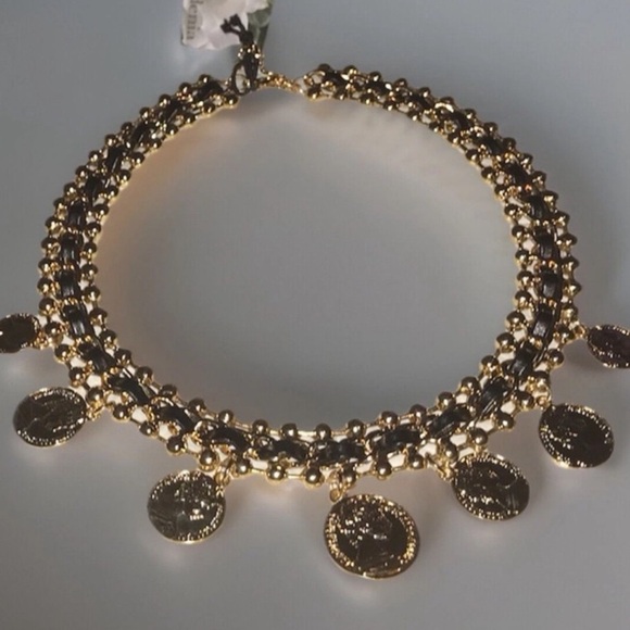 GOLD TONE AND BLACK RIBBON DANGLE COIN  NECKLACE!!! NEW - Picture 1 of 5
